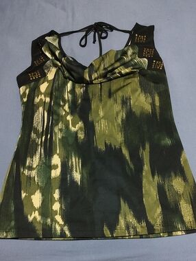 Dots Olive Green and Black Halter Tie-Back Tank Top